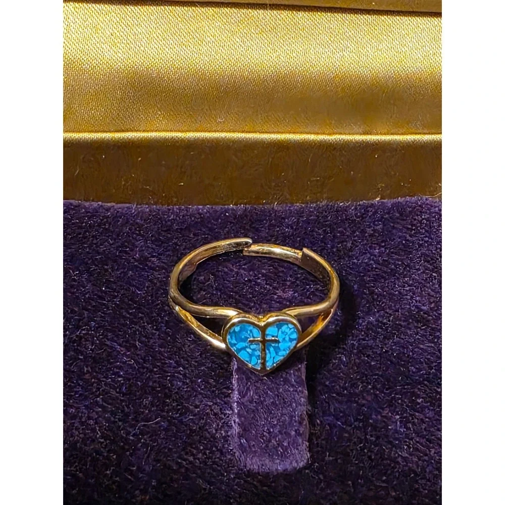 Vintage Style‎ Gold Tone Adjustable Ring Turquoise Heart Cross Faith Jewelry